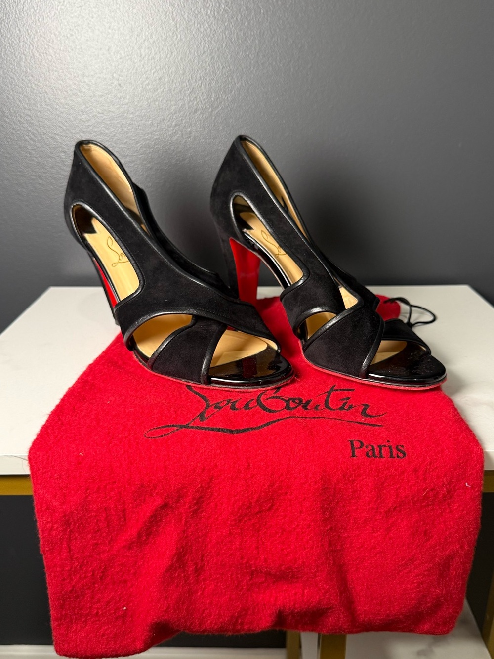 Christian Louboutin Black Suede Cutout Peep-Toe Heels with Red Sole